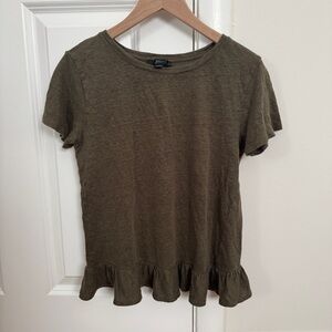 J.Crew Olive Green Ruffle Hem Women's Top 100% Linen XXS